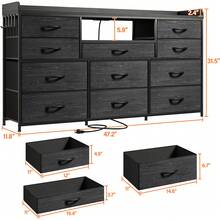 EnHomee Dresser For Bedroom With 11 Drawers 60" TV Stand With LED Lights & Charging Station Long Dresser With Shelves & 4 Hooks,Sturdy Metal Frame & Fabric Drawers,Black,11.8"D X 47.2"W X 31.5"H - 黑色 - 查看 2