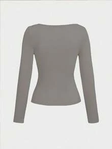 Basic Minimalist Crew Neck Double Layer Seamless Slim Fit Long Sleeve Top - Grey - View 4