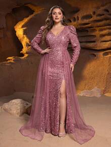 Faeriesty 大码女士深V领亮片紧身晚礼服，高开衩设计 - 适合出席黑领结晚宴、节日派对、正式婚礼、周年庆典和红毯活动等场合。 - 藕粉色 - 查看 3