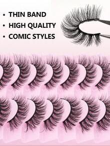 10对D卷度俄罗斯假睫毛，卷翘浓密，蓬松卷翘，3D仿貂毛假睫毛，猫眼款，纤细款，浓密款假睫毛条，提拉眼型，丰盈纤长款假睫毛条，用于美妆，拉长并增强外眼角的丰盈度。