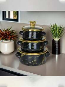 3pcs Enamel Coated Pots With Gold Rim, Enamel Bowls, Household Pots, Mini Pots, Enamel Soup Pots, Ramen Bowls, Small Hot Pot, Thick Enamel Coated Pots, Mini Saucepan, Enamel Coated Pots With Dual Handles For Induction Cooktop And Gas Stove, Enamel Coated Soup Pot, Lard Jar, Milk Pot With Lid, Dual-Use For Induction Cooktop