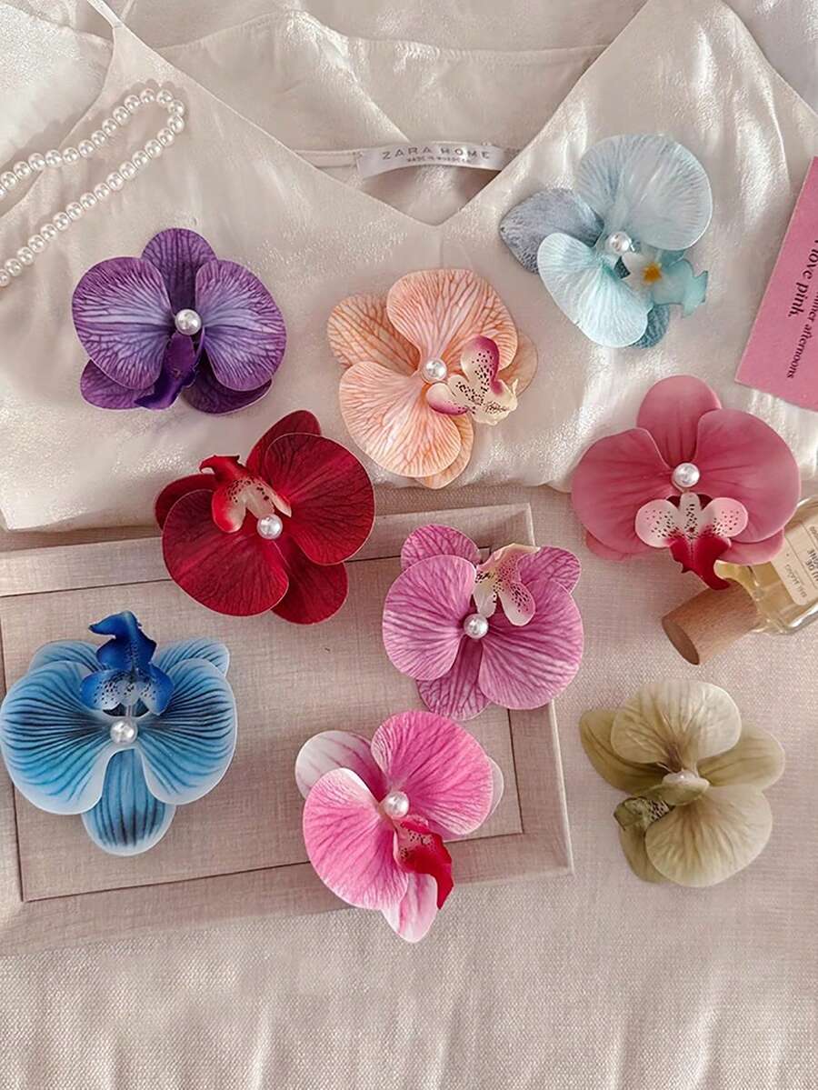 9个蝴蝶兰花仿真花发夹，侧刘海发夹，新款鸭嘴夹，适合日常佩戴、海滩摄影、婚礼发型（颜色随机） - 彩色 - 查看 1