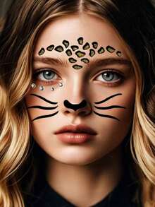 1pc Leopard Face Sticker, Glitter Waterproof Sticker, Gold Leopard Stage Makeup Face Sticker, Party Decoration, Photo Prop,Halloween - Many - View 2