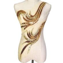 2 Pcs Royal Blue Gold Sequin Lace Fabric Embroidered Gown Appliques Noble Sexyys Collar Sew Patches For DIY Wedding Dress Décor (Gold) - 金子 - 查看 1