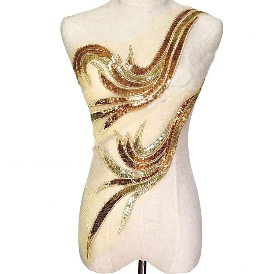 2 Pcs Royal Blue Gold Sequin Lace Fabric Embroidered Gown Appliques Noble Sexyys Collar Sew Patches For DIY Wedding Dress Décor (Gold) - 金子 - 查看 1