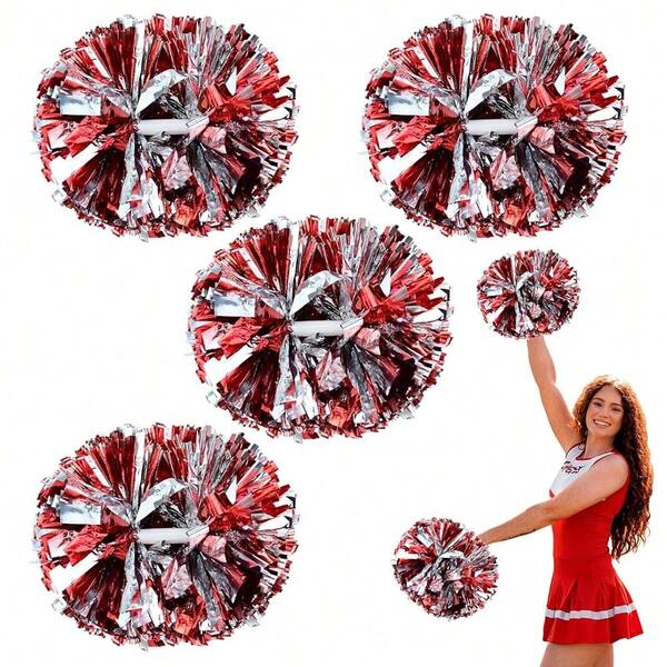 4 Pcs Metallic Cheerleading Pom Poms, 12Inch Cheerleader Pompoms With Baton Handle For Schoolsss Team Sports Games Dance Cheer
