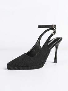 Women's Pointed Toe Thick Sole Backless Sandals With Metal Buckle, Elegant Basic High Heel Shoes For Summer & Autumn - Black - View 11