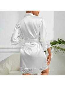 1 bucată halat de baie elegant pentru femei, culoare solidă, cu talie legată, toamnă/iarnă, pijamale sexy scurte din satin de mătase moale, potrivite pentru mirese, domnișoare de onoare, ținute de casă, halat scurt pentru sezonul nunții, imprimeu monogramă, halat de baie și pijamale pentru baie, decor pentru baie - alb - Vizualizare 3