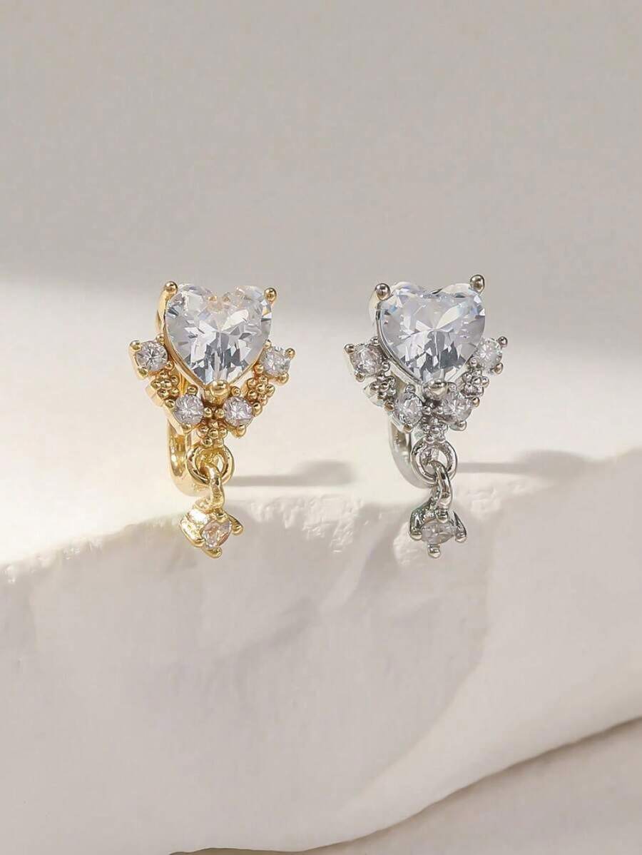 NKQR 1pc Fashionable Silver Plated Copper & Cubic Zirconia Heart Shape Clip-On Nose Ring, Suitable For Men & Women As Valentine, Christmas, Halloween Or Birthday Gift Valentines,Mom,Mother,Mother's Day,Gift - 黃金 - 查看 1