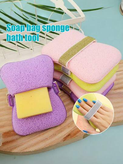 Anti-Slip Shower Loofah With Adjustable Hanging Cord, Pink And Yellow Design, Fits Standard Soap Size, Hygienic Storage Solution For Damp Environments