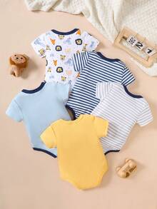 5-Piece Baby Triangle Jumpsuit, Cotton Cartoon Animal Print Men's Baby Jumpsuit, Wrapped Bundle, Boys' Baby Clothes For Outdoor Use, Daily Home Wear. - 淺藍色 - 查看 2