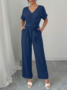 Women's Jumpsuit Casual Short Sleeve Wrap V Neck Belted Wide Leg Pants - 藏蓝色 - 查看 2