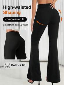 1 件女式高腰紧身裤瑜伽裤，修身喇叭腿裤，采用弹力轻质面料，休闲日常穿着，春夏 - 黑色 - 查看 4