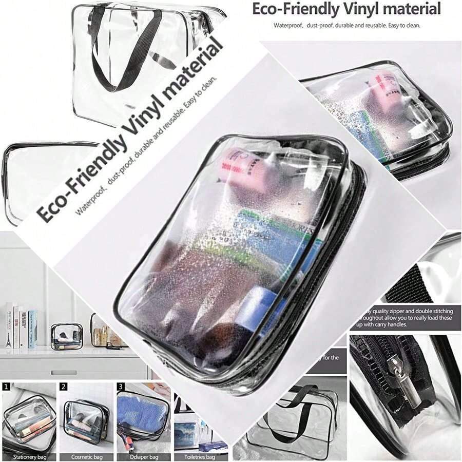 Bolso cosmético transparente de Almacenamiento del artículo de tocador del recorrido del aire de la bolsa de cosméticos, cubos resistentes al agua del embalaje con el cierre de cremallera y asas que llevan para los hombres del bebé de las mujeres, caja del cepillo del maquillaje (3 Pcs) (Negro) - como en la foto - Ver 1