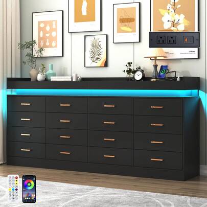 5/12/16 Drawer LED Dresser With USB Powered LED Lights/Charging Station | Modern Chest Of Drawers Storage Cabinet With Power Outout For Bedroom, Entryway