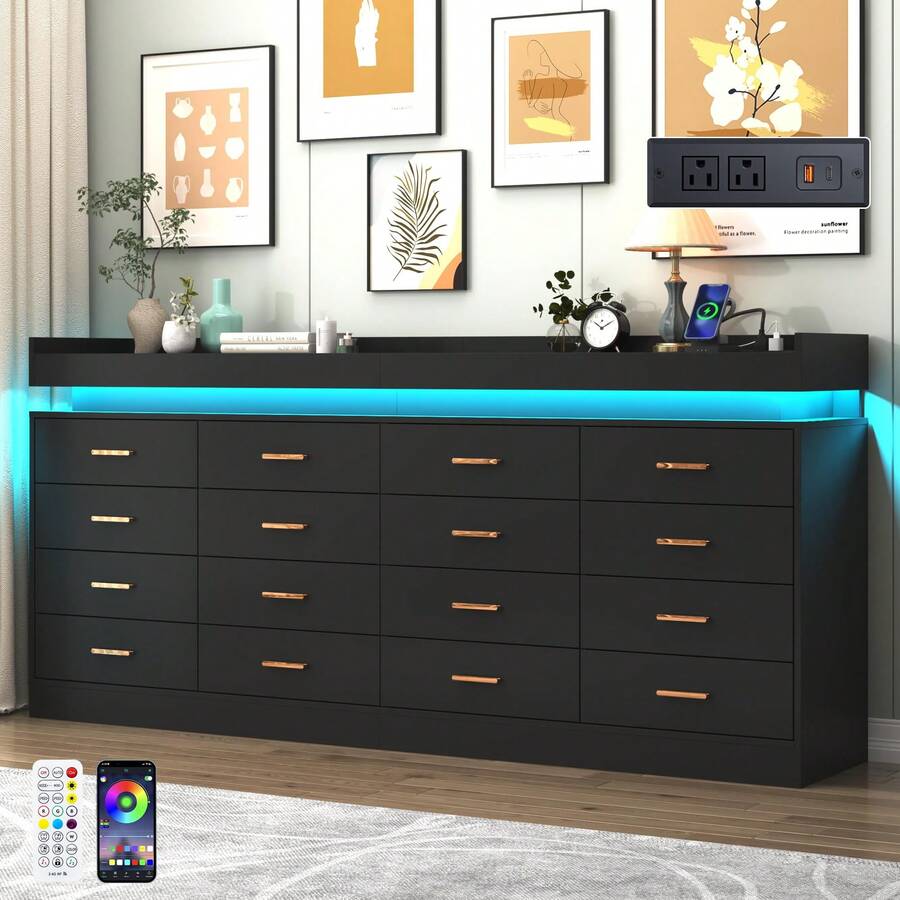 5/12/16 Drawer LED Dresser With USB Powered LED Lights/Charging Station | Modern Chest Of Drawers Storage Cabinet With Power Outout For Bedroom, Entryway - 查看 1