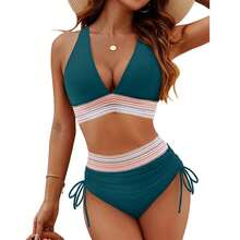 Women High Waisted Bikini Sets Tummy Control Swimsuits Color Block Two Piece Drawstring Bathing Suit Outdoorfun - Navy Blue - View 5