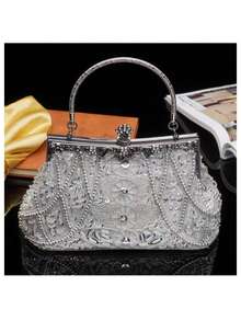 1pc Luxury Silver Handbag With Pearl Embroidery, Quiet Design, Suitable For Dinner, Party, Wedding Gift - Silver - View 3
