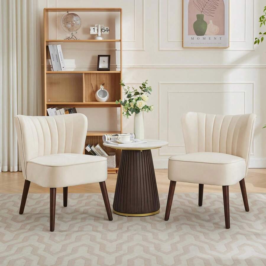 Sillón Acento de Terciopelo Estilo Mid-Century Modern con Patas de Madera, Silla Tapizada sin Brazos Tipo Wingback para Sala, Recámara, Oficina, Rincón de Lectura o Comedor - Blanco - Ver 1