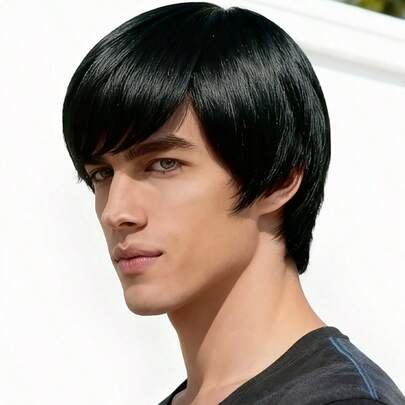 Peluca corta para hombres, cabello sintético realista y esponjoso que natural, color negro, adecuado para disfraces, cosplay, fiestas y actuaciones