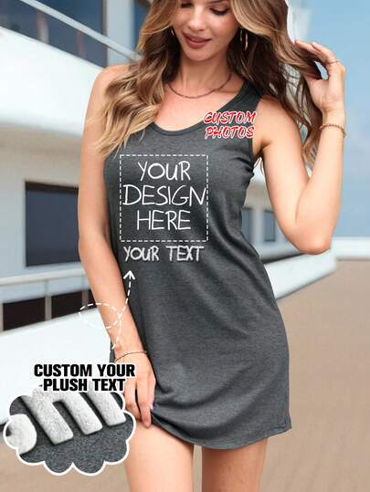 Customized Dress, Personalized Design, Spring/Summer Women's Wear, Valentine's Day/Women's Day Dress, Custom Women's Dress, Flocked Printing Technique, Casual Relaxed Gray, [Your Text] Name, Slogan, Interesting Text, Blessing, [Your Photo/Logo] Couple Photo, Pet Photo, Group Photo Printed T-Shirt, Suitable For Outing, Shopping, Celebration, Party, Social, Travel