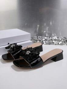 French Square Toe Rhinestone Bow Chunky Heel Strap Summer New Versatile Slim High Heel Sandals - Black - View 4