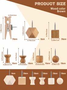 1 Set Wooden Push Pins, Including Square Pins, Angle Pins, Cylinder Pins, Etc. For Fixing Photos, Postcards