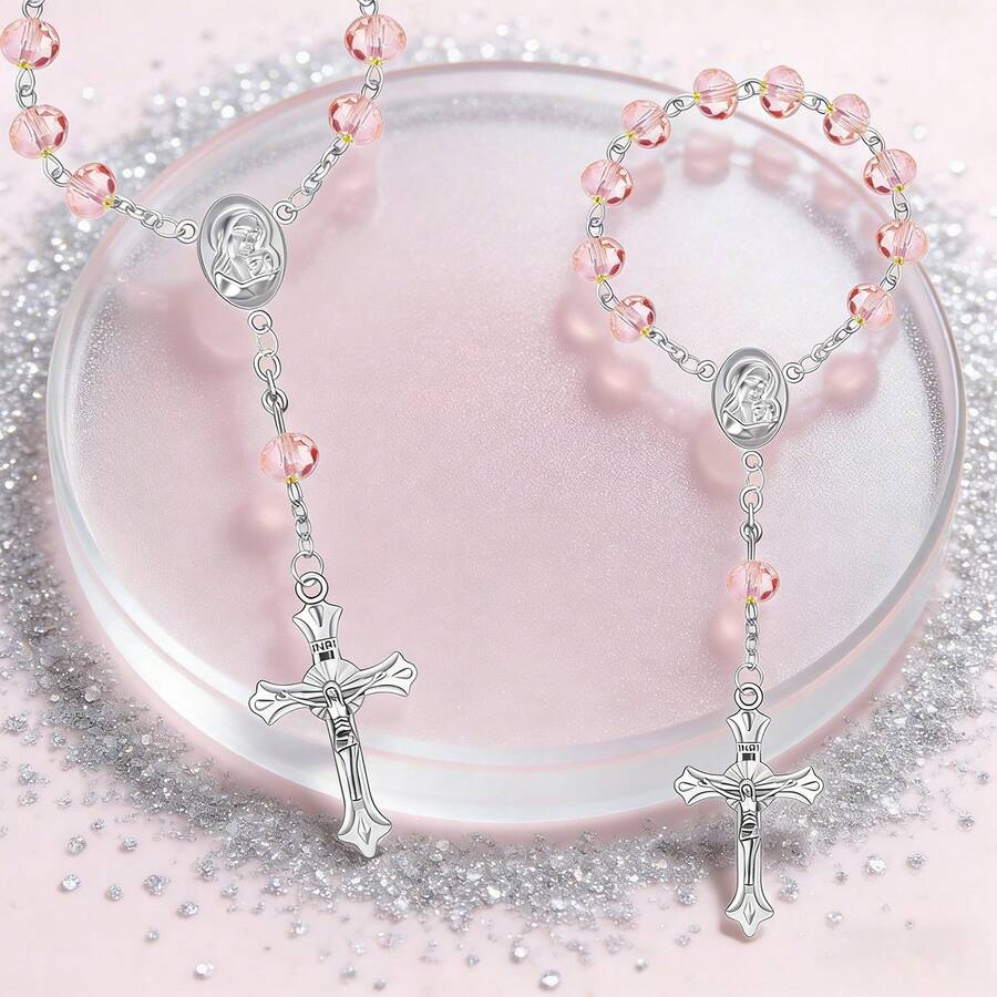 10pcs/Set Baptism Gift Set: Faux Crystal Bracelet With Cross Pendant, Birthday Party And Commemorative Gift Set, Suitable For Baptism And Wedding Parties, Women's Baptism Gift, Birthday Party Gift, Wedding Party Gift, Bridal Shower Gift, Anniversary Party Gift, Suitable For Mothers, Couples, Best Friends, Daily Wear, And Mother's Day Gift. - Multicolor - View 1