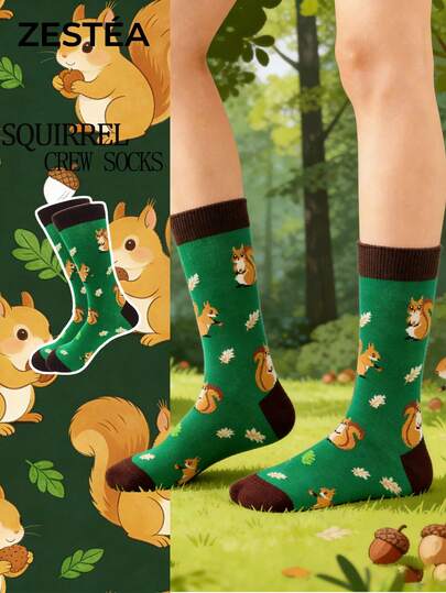1双女士可爱森林松鼠主题（卡通松鼠和橡子图案）卡通印花撞色吸汗防臭柔软舒适新颖有趣的船袜，送给女性/母亲/女儿/祖母/妻子/女友/野生动物爱好者的趣味礼物，适合生日/秋季远足/圣诞节/日常穿着，舒适的秋冬休闲袜，可与其他袜子搭配。