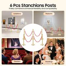 6-Piece Gold Stainless Steel Stanchion Posts With  Ropes Crowd Control Barriers For Wedding Red Carpet Ceremony Museum - 1 - View 5