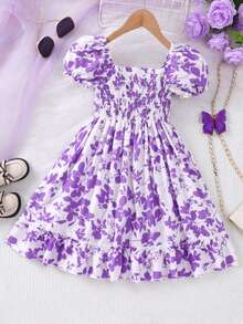 少女春夏碎花连衣裙，方领泡泡袖褶裥腰身宽松飘逸荷叶边下摆，儿童时尚可爱休闲公主裙 - 紫色 - 查看 2