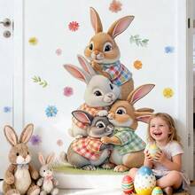 BRUP 1 Sheet Cuddly Bunnies Wall Stickers, 4 Rabbits Stacking , Cute Animal Cluster Design For Nursery Kids Room Door Decor, Removable Peel And Stick Decals, BFF Friendship Theme Art - Multicolor - View 3