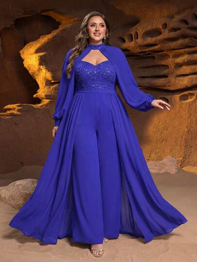 Faeriesty Plus Size Women's High Neck Jumpsuit With Sequin Lantern Sleeves, Keyhole Neckline And Matching Draped Shawl - Suitable For Formal Dinners, Holiday Parties, Wedding Receptions, Awards Ceremonies And Gala Events