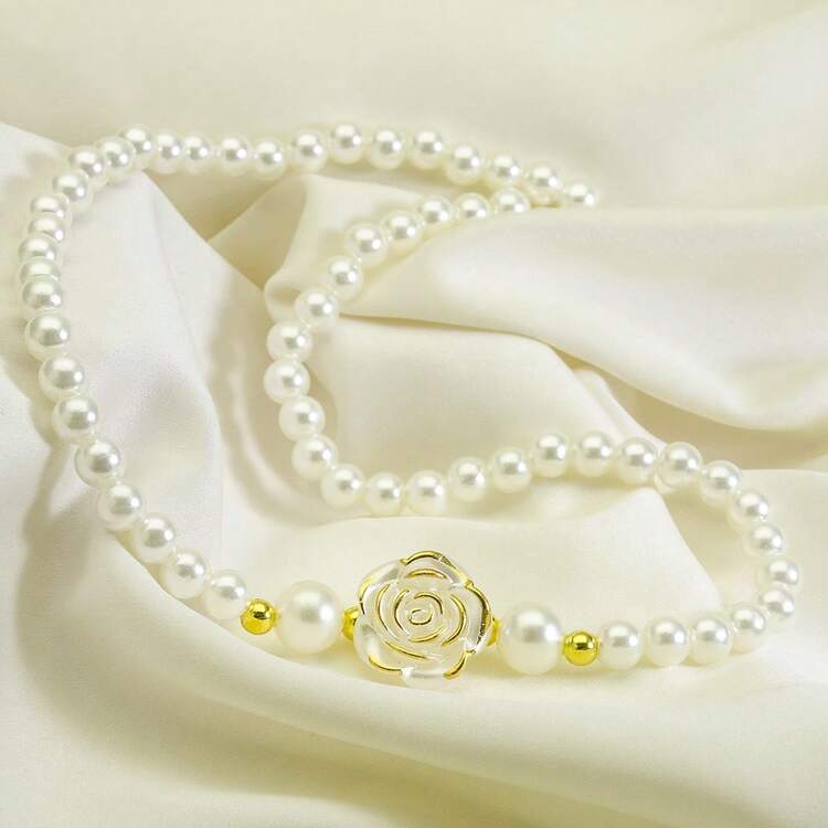 1 Set Faux Pearl Rose Jewelry Set - Necklace, Bracelet, Earrings, Studs, Elegant Vintage Style Accessories For Women, Suitable For Party And Daily Wear - Multicolor - View 3