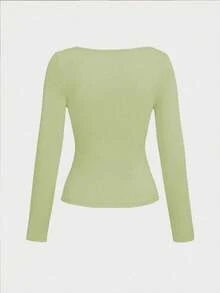 Basic Minimalist Crew Neck Double Layer Seamless Fitted Long Sleeve Top - Light Green - View 5