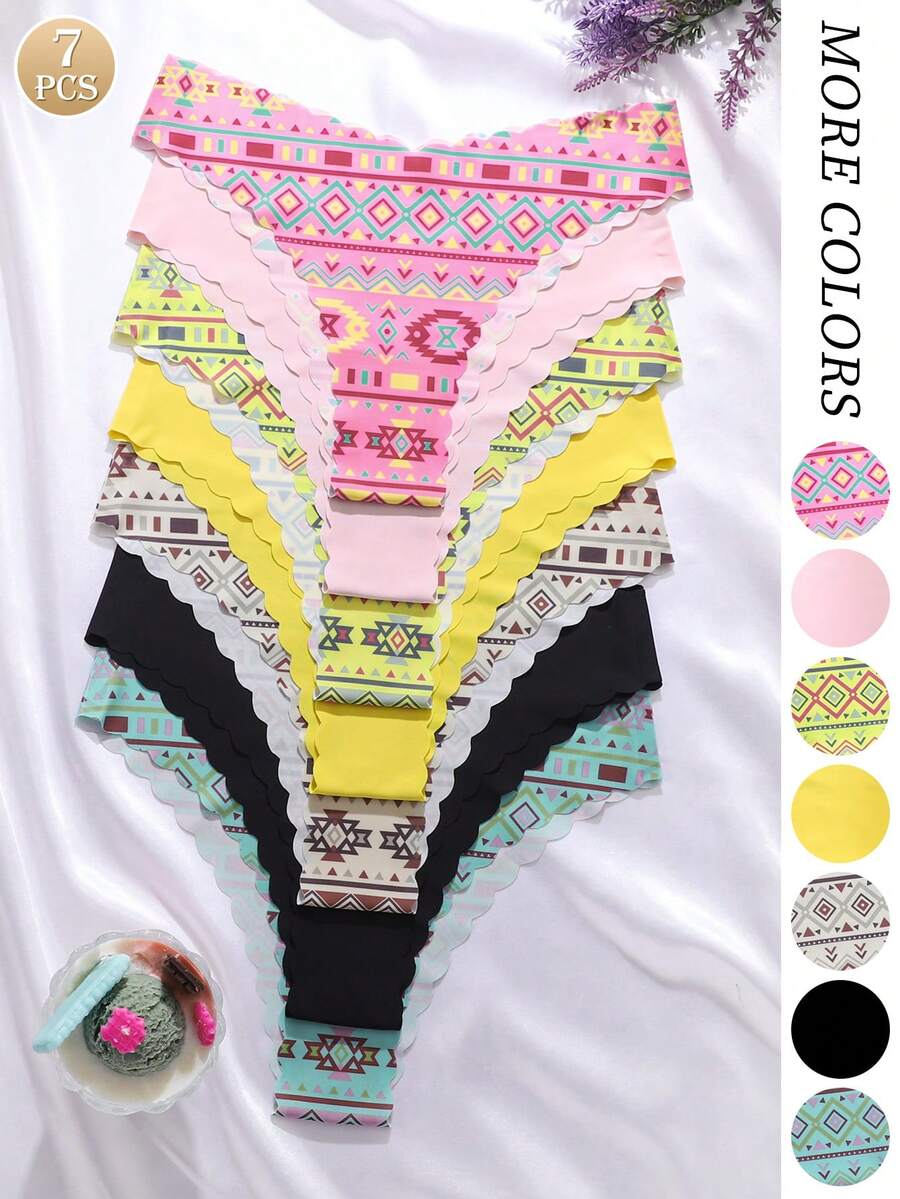 7 قطع/عبوة - سراويل داخلية مثلثة خالية من الغرز بطبعات زهرية وألوان سادة مريحة وجذابة للنساء - متعدد الألوان - مشاهدة 1