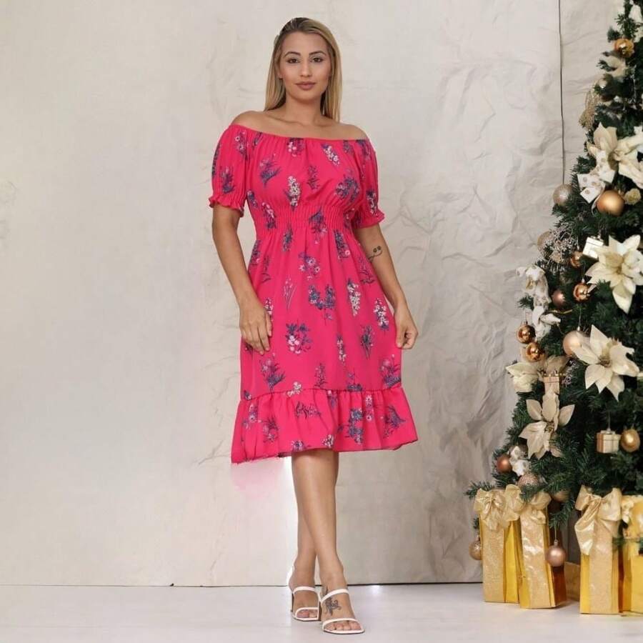 Short Dress Made From Duna Fabric With Short Sleeves. - Hot Pink - View 1