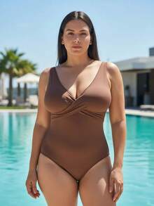 Maiô Praia e Piscina Plus Size Elegante Feminino Conforto e Estilo com Bojo Removível - Castanho - 8000 - Visão 6