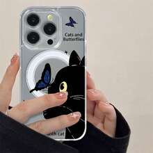 Cat phone case suitable for  17 16 16E 15 14 13 12 11 Pro Max 17 Air 16 Plu Transparent magnetic suction is simple and elegant, easy to charge, and acrylic material has a better hand feel - SKU1-7195WXcat - Ver 1