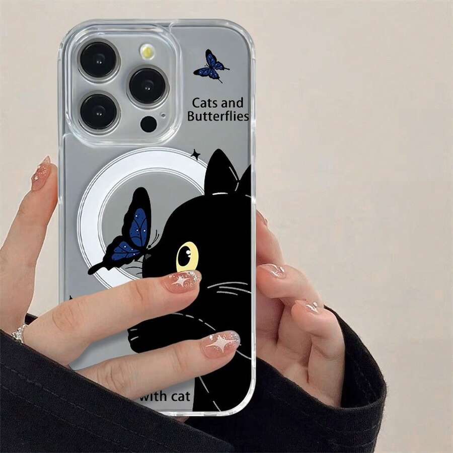 Cat phone case suitable for 17 16 16E 15 14 13 12 11 Pro Max 17 Air 16 Plu Transparent magnetic suction is simple and elegant, easy to charge, and acrylic material has a better hand feel - SKU1-7195WXcat - Ver 1