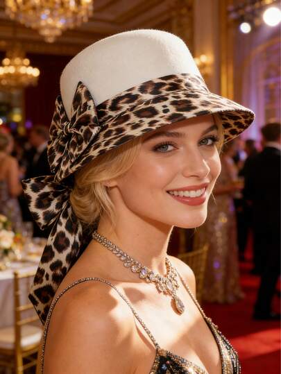 Black Felt Cloche Hat With Leopard Print Bow, Luxury Party Headwear For Women – Adjustable Fit For Glam Events