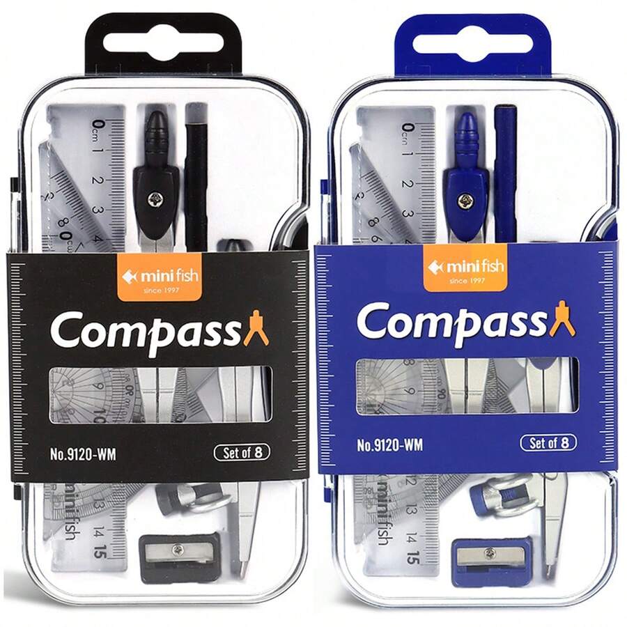9Pcs Student Drawing Tools Set, PP, Math & Geometric Art Supplies, Includes Compasses, Rulers, Triangles, Protractors, Straightedges, Pencil Sharpeners - Multicolor - View 1
