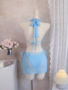 Bộ bikini 3 món xuyên thấu buộc cổ, họa tiết hoa lan đỏ rực rỡ, gợi cảm và tươi mát cho kỳ nghỉ biển, đồ bơi thoải mái và mềm mại cho kỳ nghỉ hè. - Màu xanh lam - Xem 2