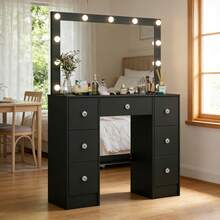 American-Style Casual Home Wooden Vanity, Featuring An Illuminated Mirror (3 Lighting Modes), Storage Drawers (Ample Storage Space) And Open Shelving For Organising Cosmetics. Simple Assembly. Ideal As A Festive Gift Or Manicure Station. - 黑色 - 查看 3