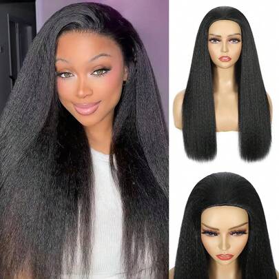 22 Inch Synthetic Half Wig, 3-In-1 Yaki Straight Hair Wig, Seamless Flip Half Wig, No Glue Needed, Easy To Wear, Suitable For Beginners, Black Yaki Straight Hair Drawstring Headband Wig