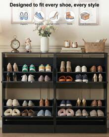Shoe Cabinet With 2 Flip Drawers, Slim Wooden Shoe Storage Organizer For Entryway, Hallway & Living Room, Space-Saving Hidden Shoe Rack With Adjustable Shelves, Modern Entryway Furniture - màu đen - Xem 3