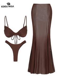 Bộ bikini 3 mảnh xếp ly mới năm 2026, bao gồm váy che ngoài, áo tắm nâng ngực và váy dự tiệc bãi biển. - màu nâu - Xem 4