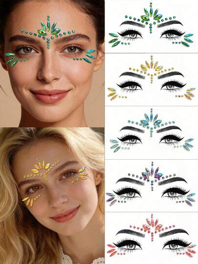 1pc Colorful Self-Adhesive Face Gems, Suitable For Music Festivals, Performances, Costume Parties, Holidays, Carnivals, Daily Makeup. Available In Pink, Gold, Purple, Green, Blue And More. Waterproof, Long-Lasting, Realistic Sticker Decor For Group Matching