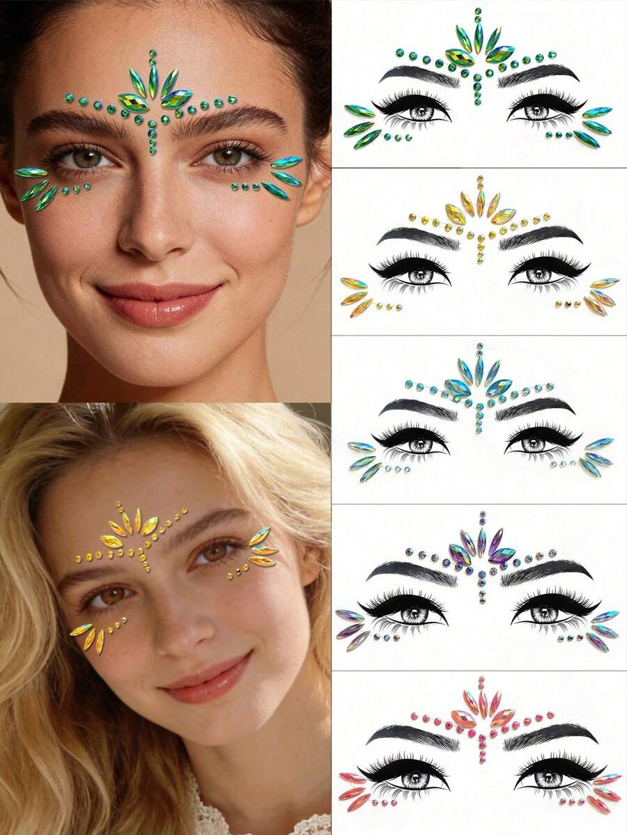 1 pieza Gemas faciales autoadhesivas y coloridas, adecuadas para festivales de música, actuaciones, fiestas de disfraces, vacaciones, carnavales y maquillaje diario. Disponible en rosa, dorado, morado, verde, azul y talla grande. Decoración de pegatinas realistas, resistente al agua y de larga duración para combinación grupal - Multicolor - Ver 1