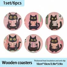Black Cat Design Wooden Coasters For Home Dining Table - Non-Slip Decorative Drink Coasters, Suitable For Coffee And Tea Cups, For Home And Cafe Use, Holiday Gift For Friends, Suitable For All Seasons - Wooden Board-circle Coaster - View 10